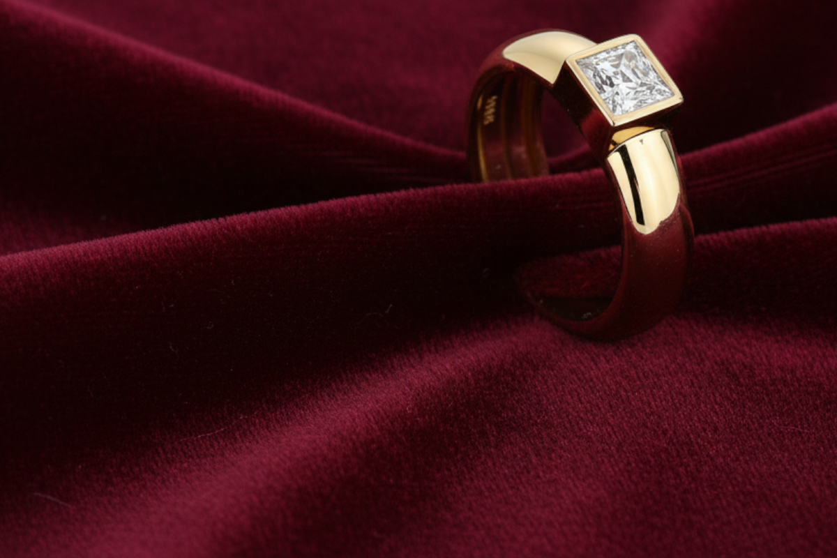 arcana square moissanite wedding ring in S925 silver with a gold finish, displayed on deep red velvet fabric