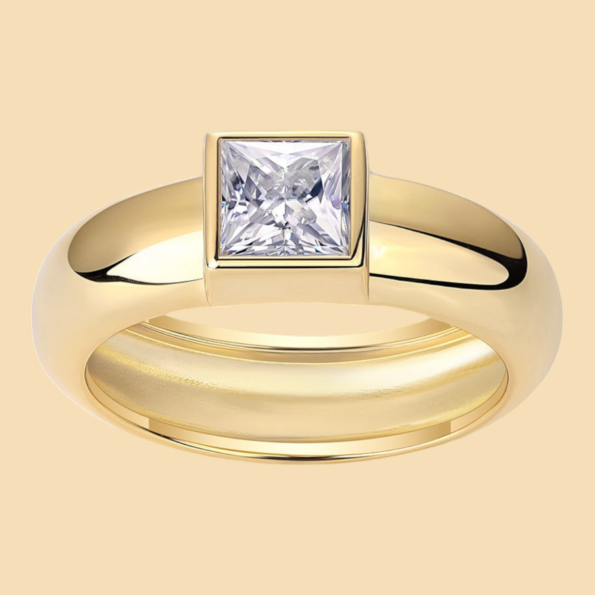 Square-cut moissanite ring with a gold-tone band, product photo 3 of 6