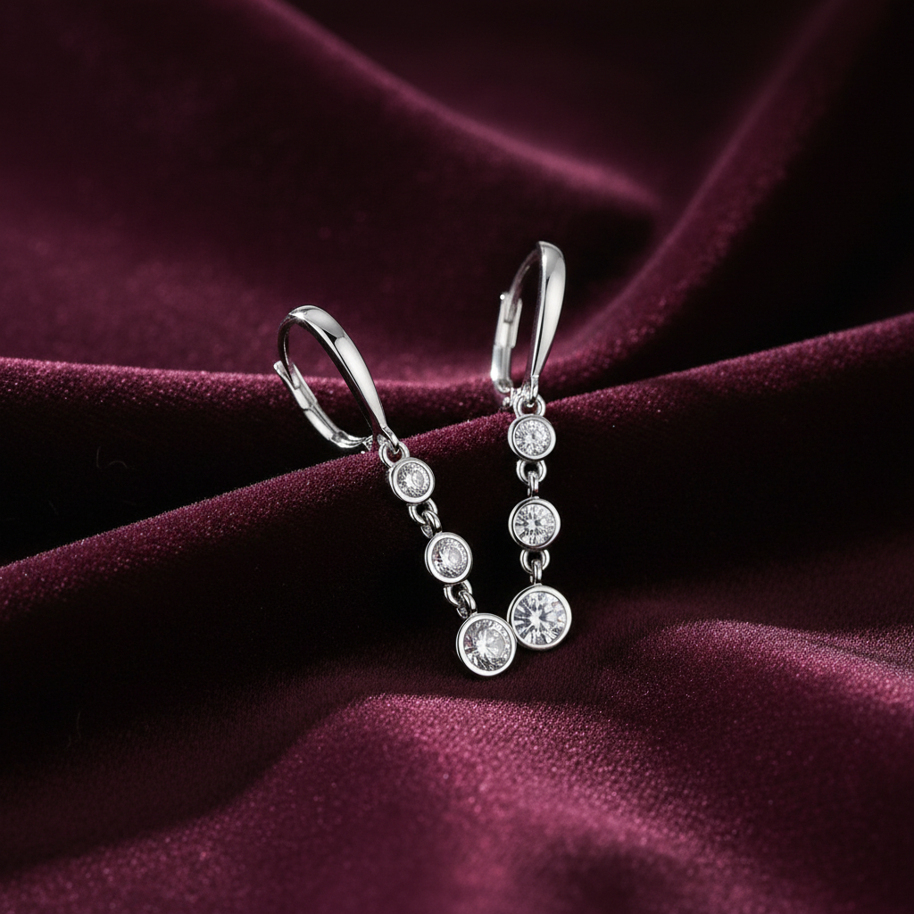 arcana classic moissanite drop earrings in S925 silver featuring a delicate chain design on deep burgundy velvet