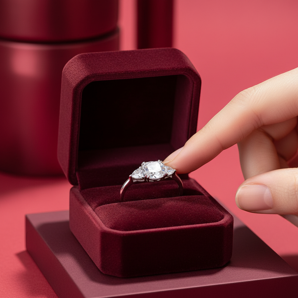 arcana large pillow-cut moissanite wedding ring in S925 silver displayed in a velvet box