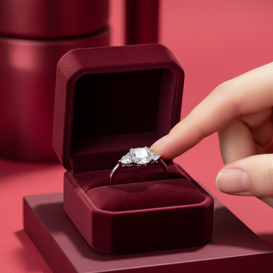 arcana large pillow-cut moissanite wedding ring in S925 silver displayed in a velvet box